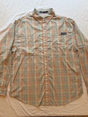 Columbia Men's Super Tamiami Long-Sleeve Plaid Fishing Shirt - Tan/Blue/Orange L